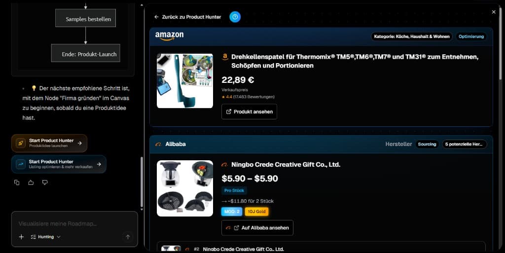 Screenshot: Product Hunter with roadmap and Amazon and Alibaba cards (category, optimization, sourcing)