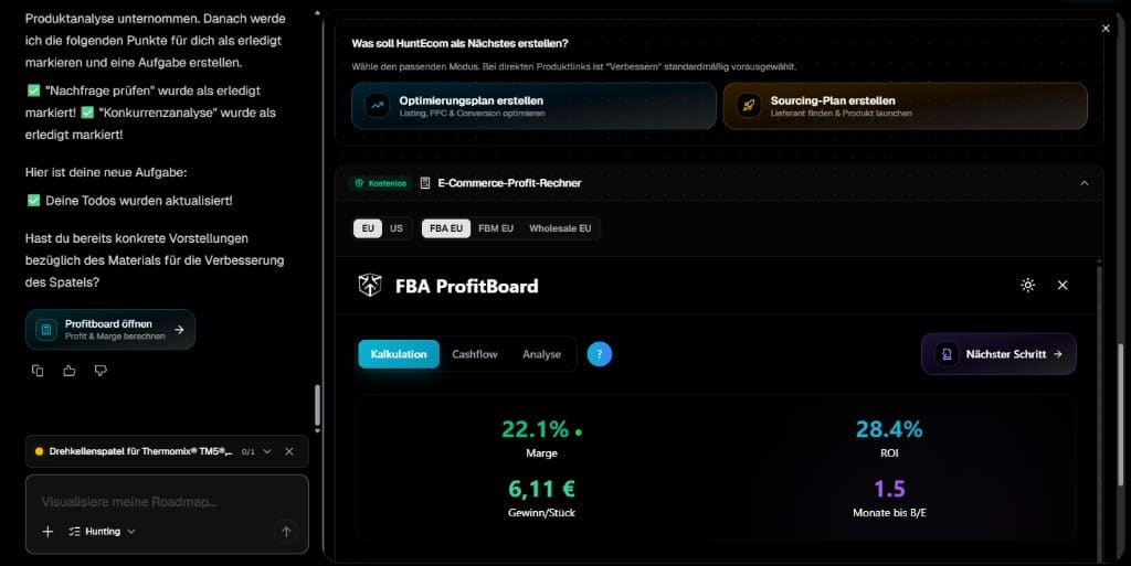 Screenshot: FBA ProfitBoard calculation view with margin, ROI, and profit calculator