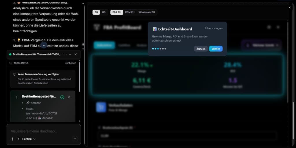 Screenshot: Real-time dashboard onboarding with profit, margin, and break-even
