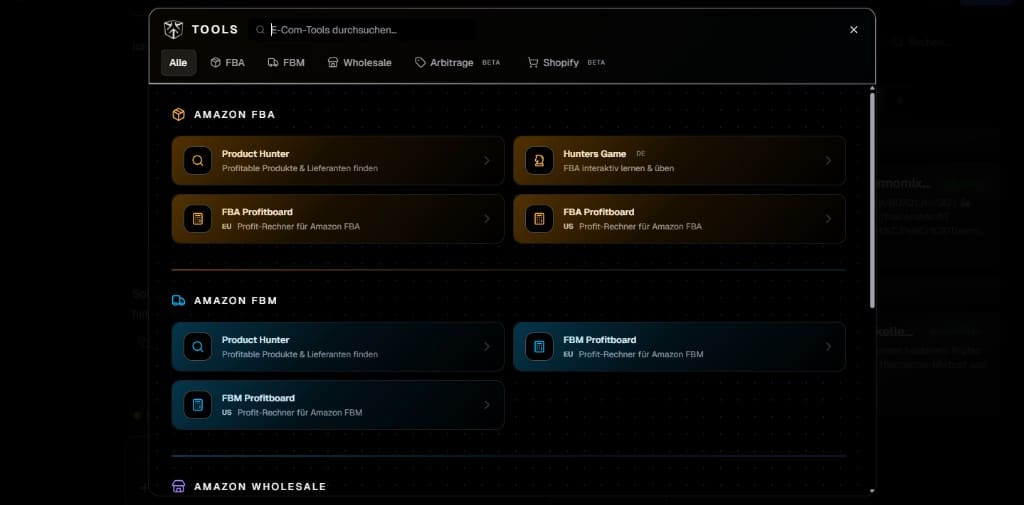 Screenshot: Tools directory with FBA, FBM, and wholesale tools